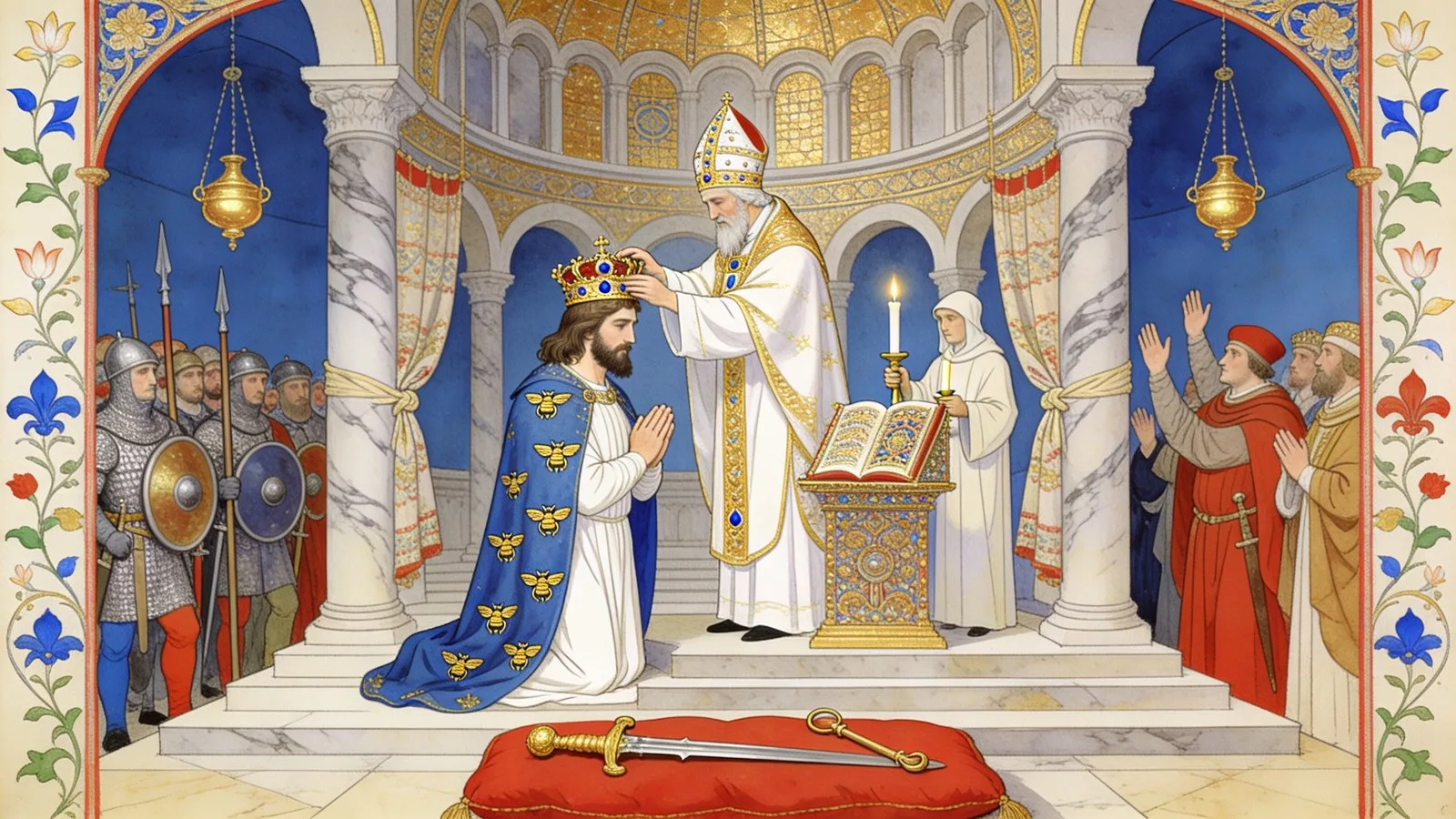Charlemagne couronné empereur à Rome par le pape Léon III en 800, enluminure