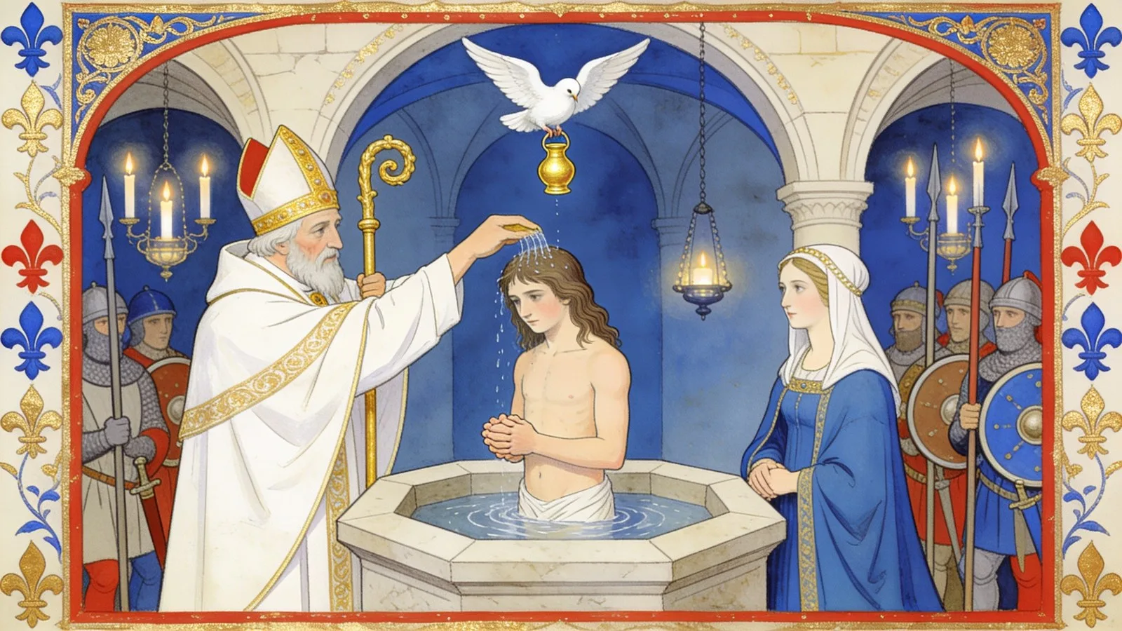 Le baptême de Clovis à Reims par saint Remi, sous le regard de Clotilde, enluminure