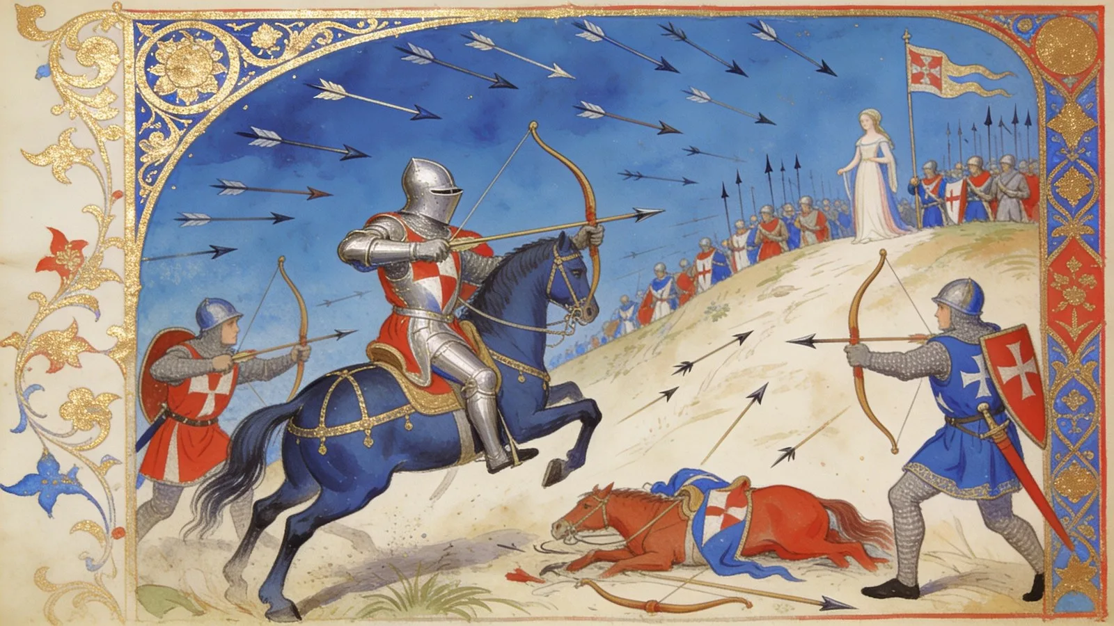 Chevaliers français face aux archers anglais sous une pluie de flèches, enluminure