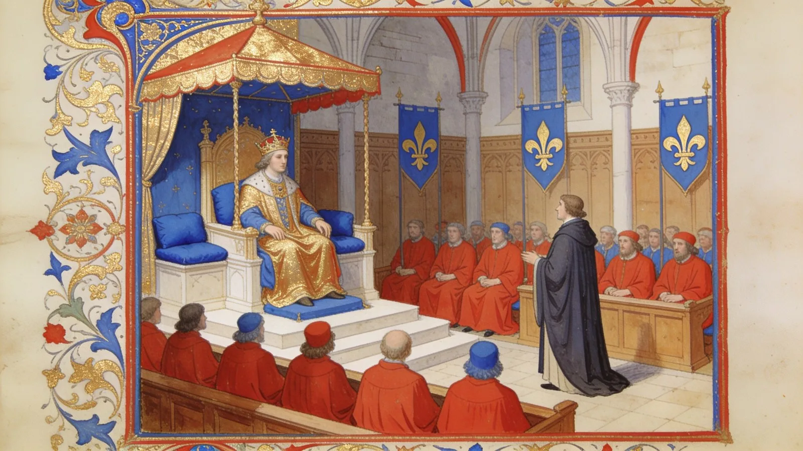 Le roi sur son lit de justice dans la grand'chambre du Parlement, enluminure