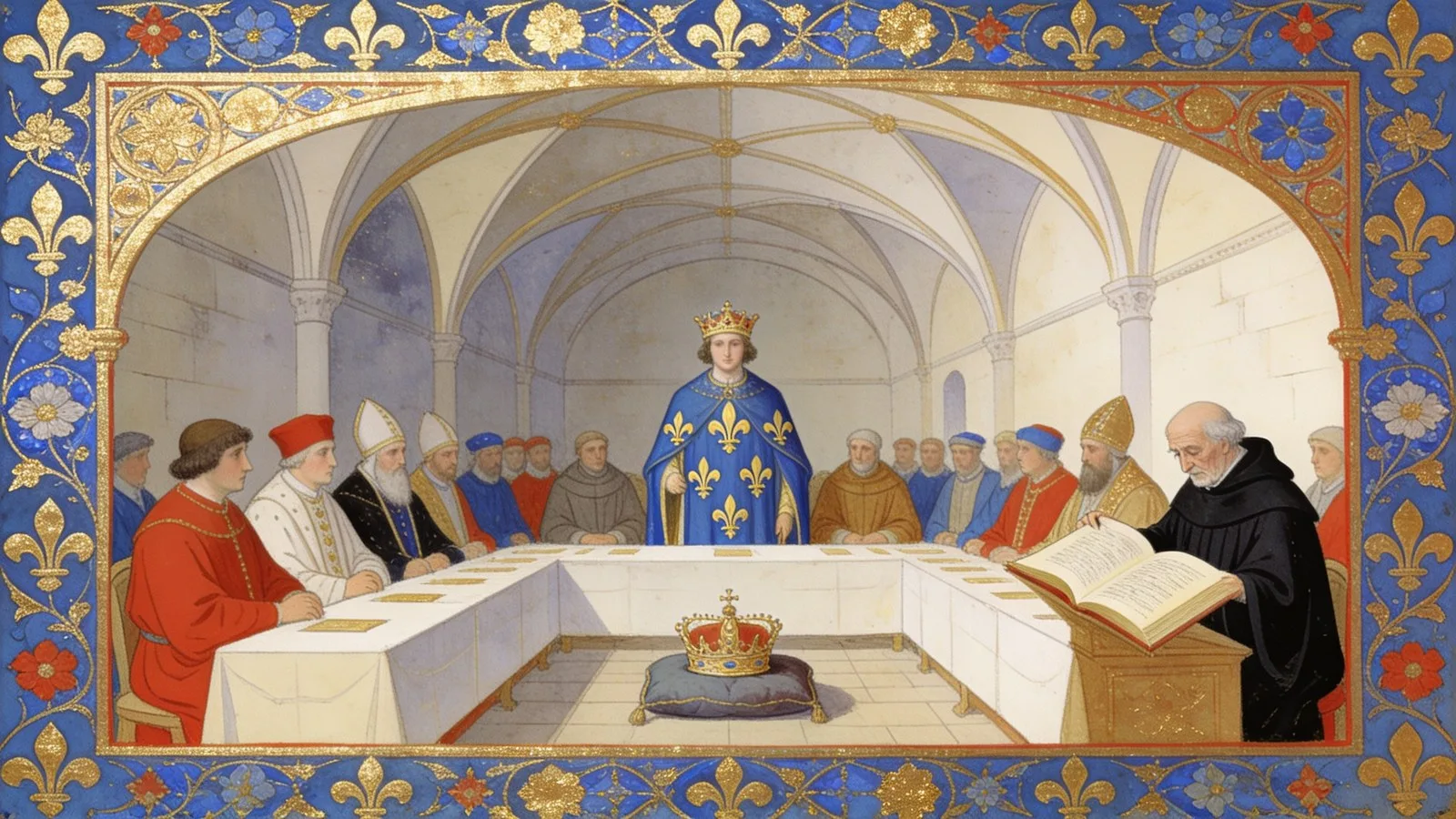 La loi salique : des barons délibèrent sur la succession au trône de France autour d'un manuscrit, enluminure