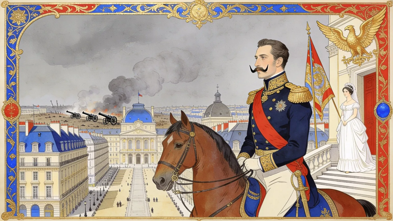Napoléon III à cheval, en uniforme, devant les Tuileries et le Paris d'Haussmann, enluminure