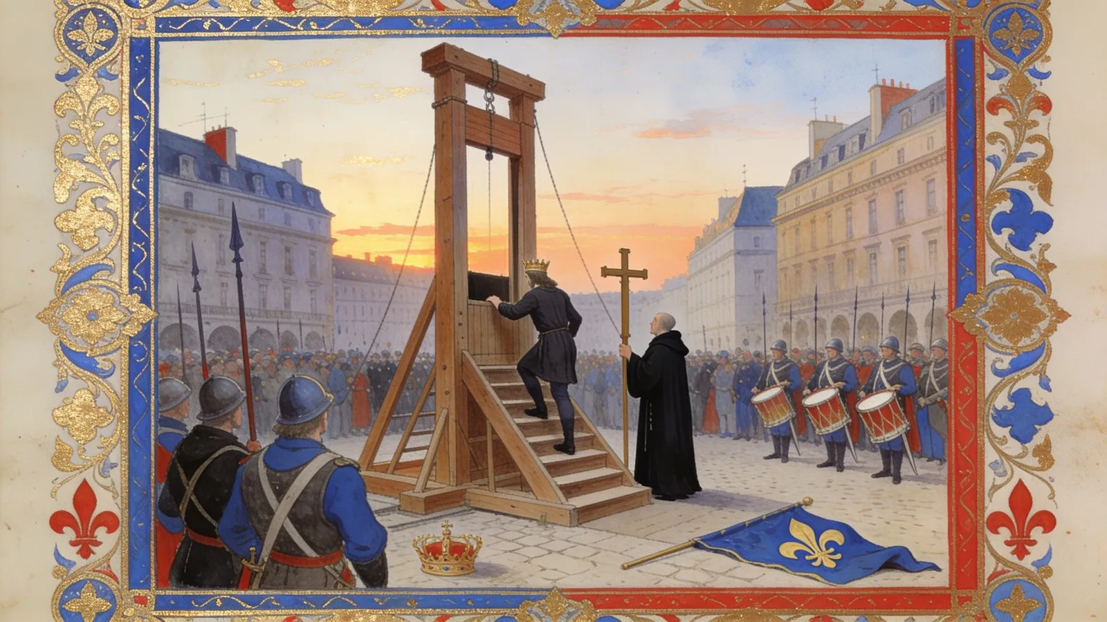 L'échafaud du 21 janvier 1793, Louis XVI montant vers la guillotine, enluminure